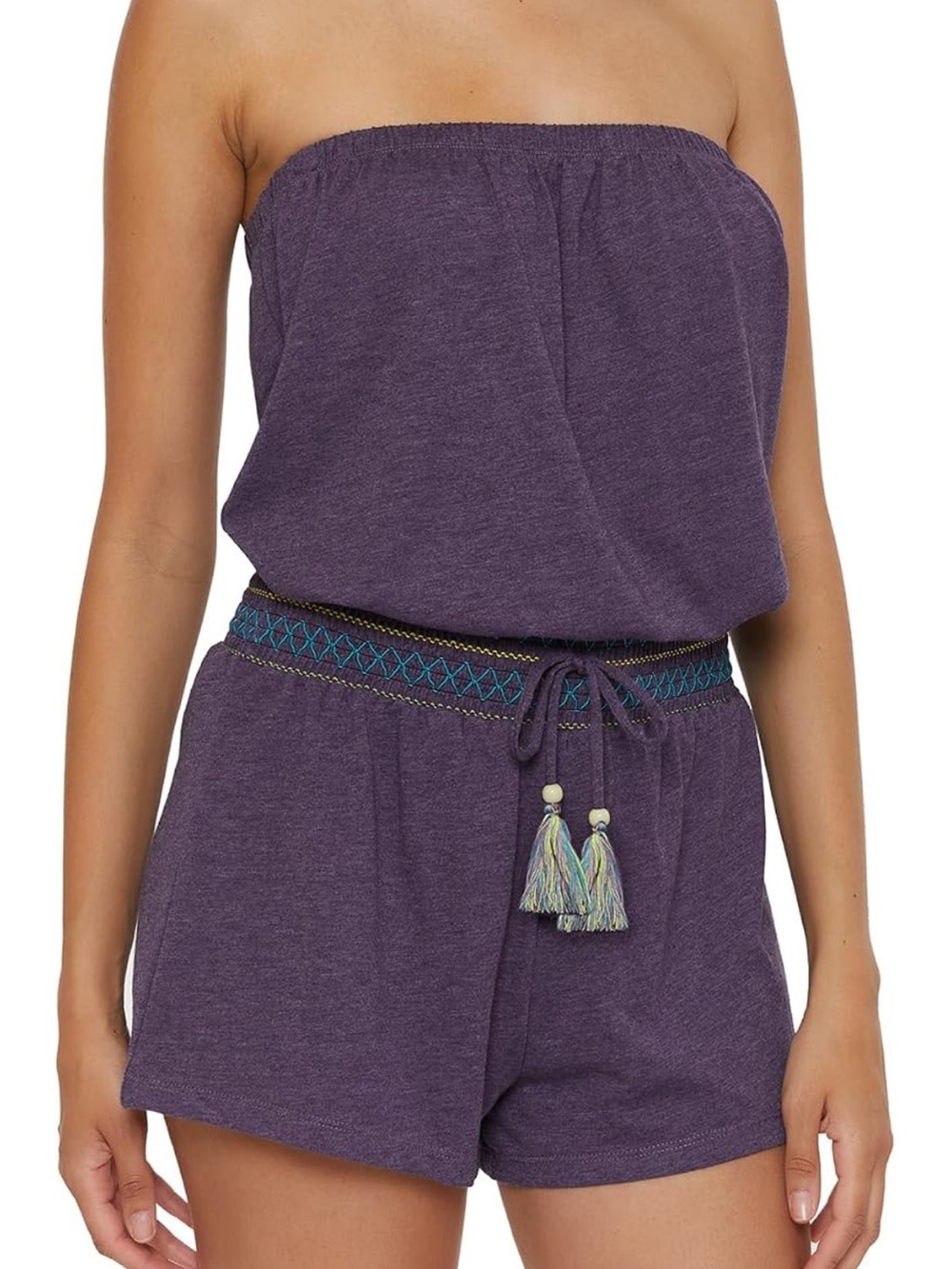 Strapless Purple Tassel-Waist Romper with Embroidered Belt